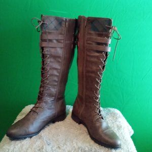Torrid - Outlander Logo Plaid Knee High Lace Up Boot - Brown- 11.5